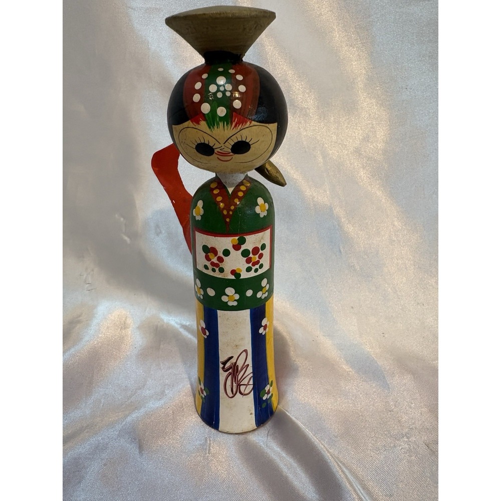 Vintage Japanese Wooden Hand Painted Bobblehead Figure Signed Made Korea